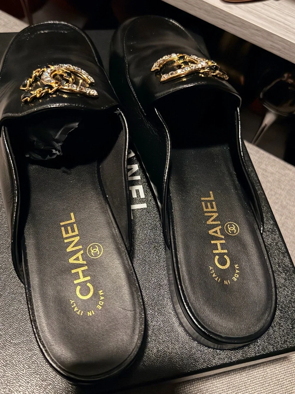 CHANEL Black Leather Crystal CC Slip-On Mules season fall 2024 collection